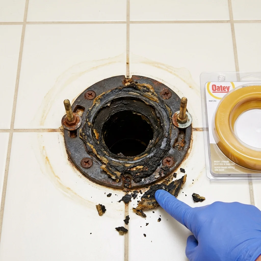 Failed wax ring showing water seepage at the base of a toilet in a Maryville, IL home