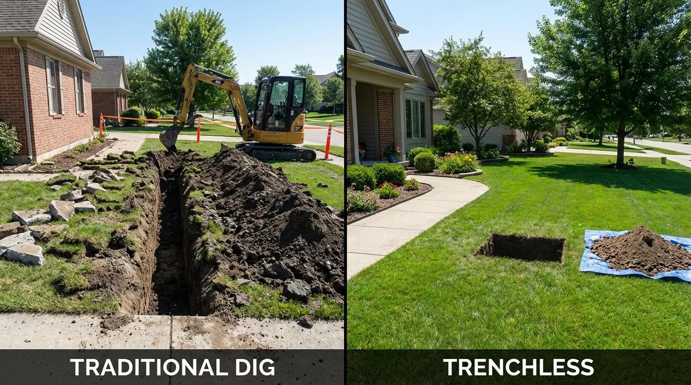 Trenchless sewer repair with minimal yard damage versus traditional excavation in Maryville, IL