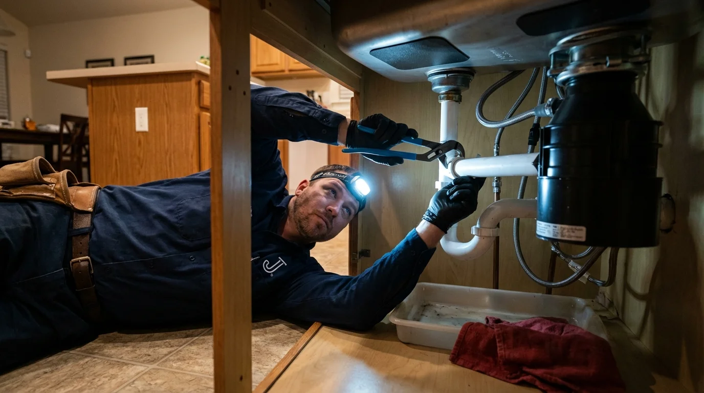 P-trap and supply line connections under a kitchen sink showing a common leak point in Maryville, IL